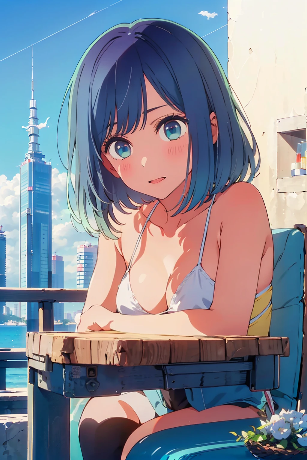 (Highest quality:1.4、8K:1.4、detailed)、F cup bust、Big Breasts、Slim body、Very white beautiful skin、((((1 person、Surprised expression、sit、Chair、In the background are the urban buildings of Tokyo、looking at the camera、Outdoor café terrace、coastal、Navy hair color、juice、White side string high leg bikini、Shooting up close、Shooting from an angle、table、Very cute face))))、(Cross your arms:1.4)、Very blue sky、A completely cloudless sky