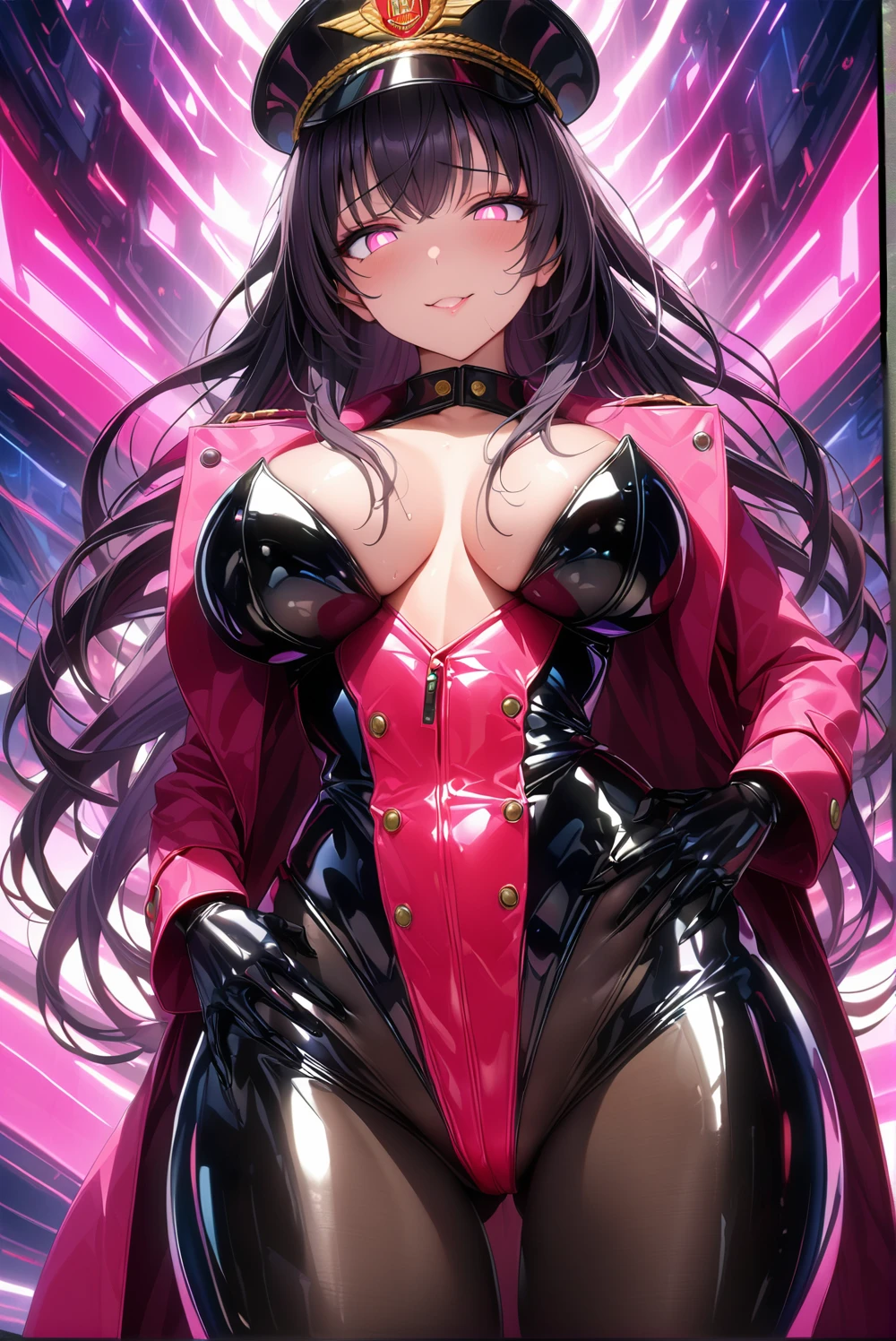 masterpiece, best quality, 1girl,black hair,long hair,glowing eyes, (finely detailed empty pupils and detailed face),,bust shot,,extremely detailed picture unity 8k wallpaper,solo,(latex military costume:0.9),large breasts,seductive smile,military hat,latex thighhigh,large breasts,black hair,pink eyes,black leotard,pantyhose,military coat,enamel suits,grossy lips,