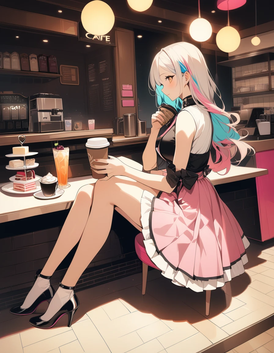 One girl,Drink coffee, Multicolored Hair, Shoulder-length hair, Retro costumes, colorful、High heels, Sideways glance, Sitting, Hyper Pop, Cafe,cake、 Retro feel, overview, masterpiece, Highest quality,