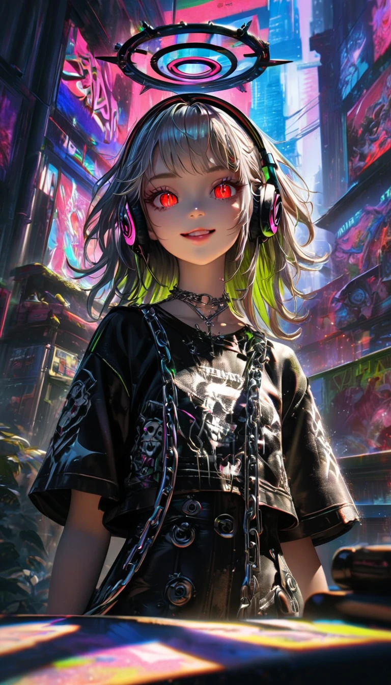1 girl, chromatic aberration, depth of field, Luz outfit, masterpiece, top quality, Complicated, tone mapping, Very detailed, art station, conceptual art, seeds, clear focus, dramatic lighting, Very detailed artwork, movie, super Practical painting, art station's trending, 8K, incredible shadow, Practical, (Very detailed background:1.0), whole body, vista, vistaers, Very detailed portrait of one girl 1, Standing on the street corner, Heavy rain and thunder、gloomy sky, neon and cyber punk background, She is dressed in punk clothing with silver chains and silver spikes., Her hair was dyed a delicate black.,The middle part is black., she wears headphones, Detailed red eyes and clear pupils., The sinister aura of the halo, smile, punk, cyber punk, Backlight.