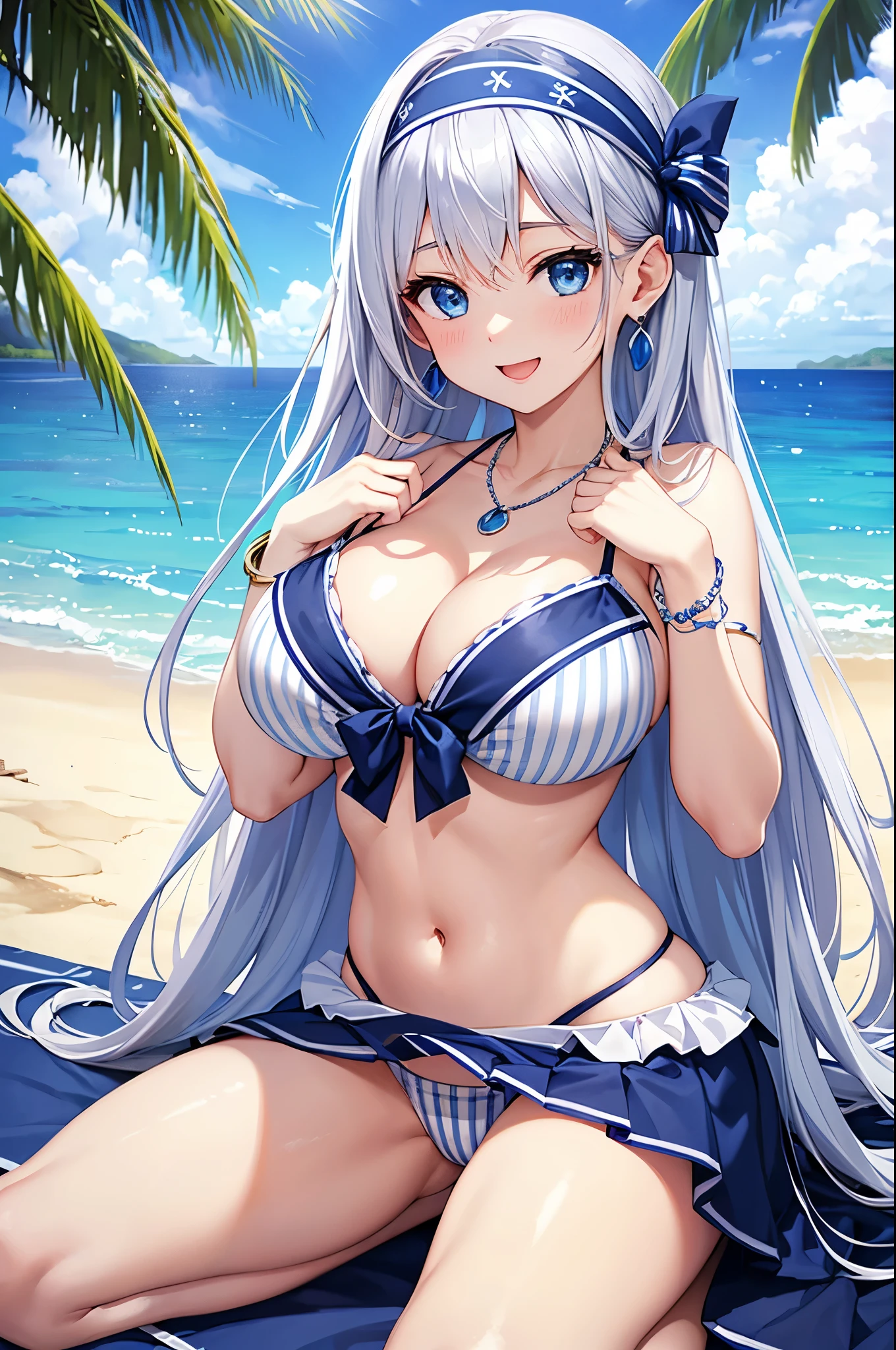 Highest quality、Highest quality、masterpiece、Beauty、Navy blue long hair、blue eyes、y White Bikini(Dark stripes)、Big cleig Breastse necklace、Blue Earrings、background(Beach)、Please open your mouth wide、White headband、bracelet、Dynamic pose