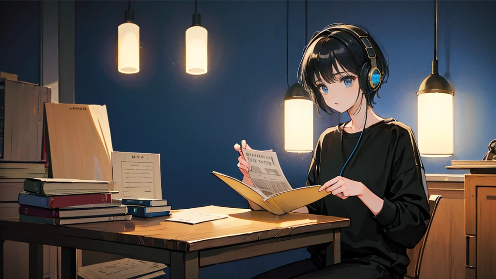 Black short Hair, Black Clothing, One Adult Woman Looking Sideways ,Blue headphones、 Delicate background、Masterpiece、night、dark、Nostalgic、night lighting、Inside the room、studying, Study