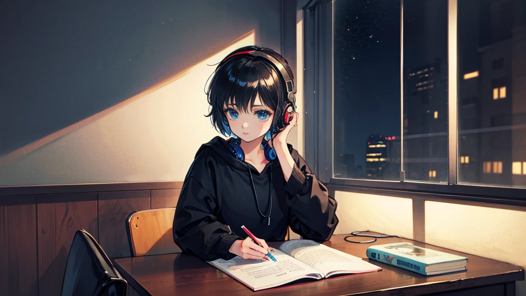 Black short Hair, Black Clothing, One Adult Woman Looking Sideways ,Blue headphones、 Delicate background、Masterpiece、night、dark、Nostalgic、night lighting、Inside the room、studying, Study