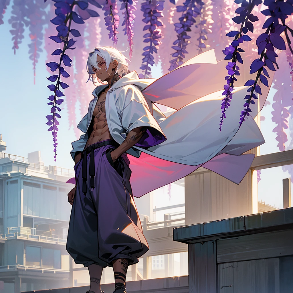 1male, young adult, dark skin, finely detailed plum eyes, wild medium hair, seashell white hair color, oversized hoodie, baggy pants, standing on building, day time, tokyo streets, somber expression, muscular, tattoos, wisteria flowers, scars