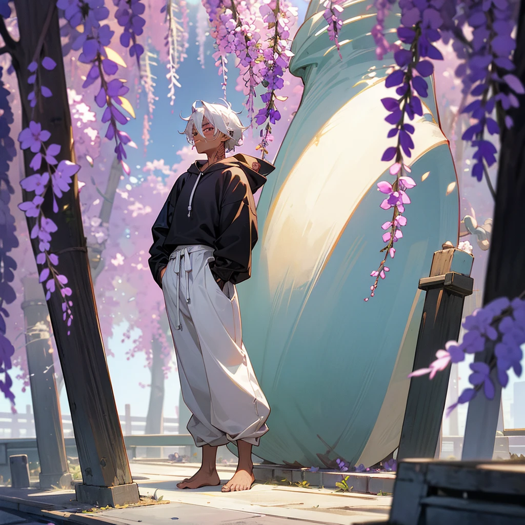 1male, young adult, dark skin, finely detailed plum eyes, wild medium hair, seashell white hair color, oversized hoodie, baggy pants, standing on building, day time, tokyo streets, somber expression, muscular, tattoos, wisteria flowers, scars