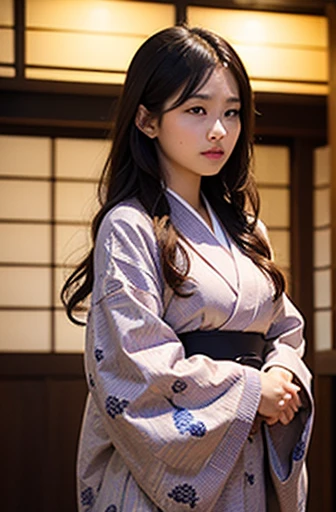 young lady,brown eyes,Flower pattern kimono,Entrance to a high-end Japanese restaurant in KYOTO,Meet and greet,OMOTENASHI