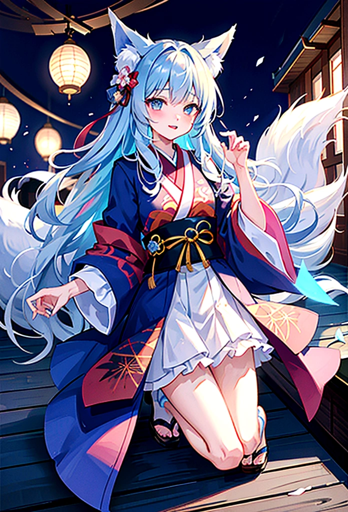 fox Light blue hair beast girl indigo fur fox beast girl Wallpaper 4k,8k,highly detailled,,vivid colors,detailed kitsune with 9 tails,traditional Japanese artwork,tatami floor,beautiful cherry blossoms,floating lanterns,dark silhouette of a pagoda,subtle moonlight,dense forest,ethereal atmosphere,dappled sunlight,whimsical spirit,serene expression,elaborate kimono and obi,delicate hand-painted details,luminous eyes Anime Style fox blue White-faced golden-haired nine-tailed fox Coat blue mysterious background Blue Flame girl have a ball of light