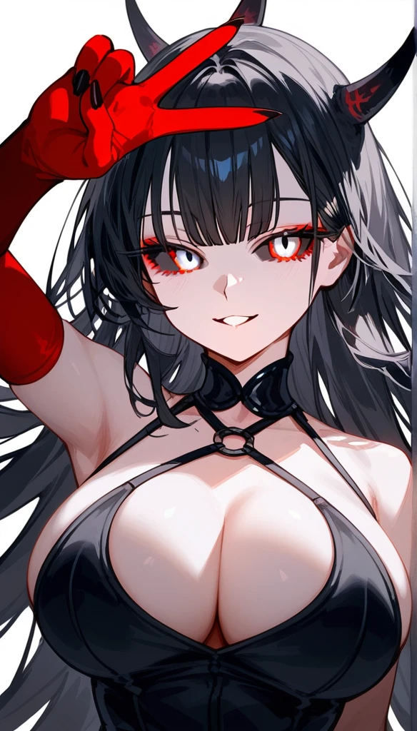 masterpiece, zoom out, score_9, score_8_up, score_7_up, portrait, 1 girl, alone, black hair, long hair, long split bangs, white eyes, black sclera, (red eye shadow, small smile), evil, parted lips, expressionless, big breasts, upper body, V-neck strap basic dress, black bottom, best quality, long split bangs.