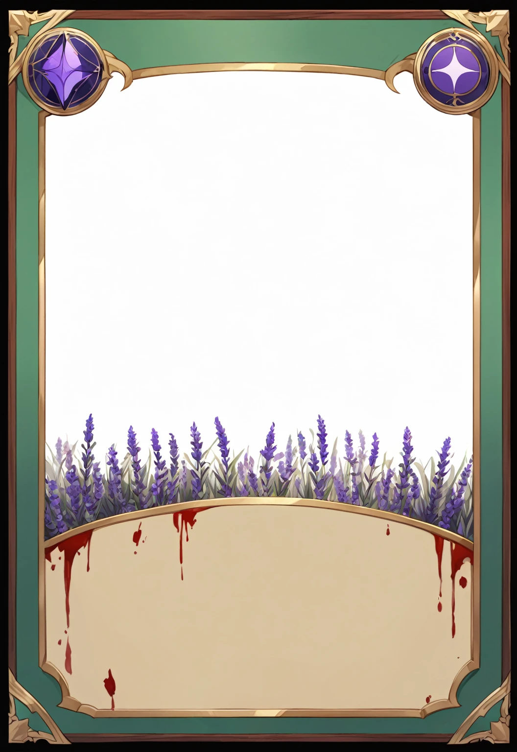 A card border UI,Medieval European aristocracy design,Noble and elegant dark style,There is a lavender ribbon in the middle,Redwood frame,Parchment backing,There are blood stains on it。Deep Red、Emerald Green、Gold main tone。