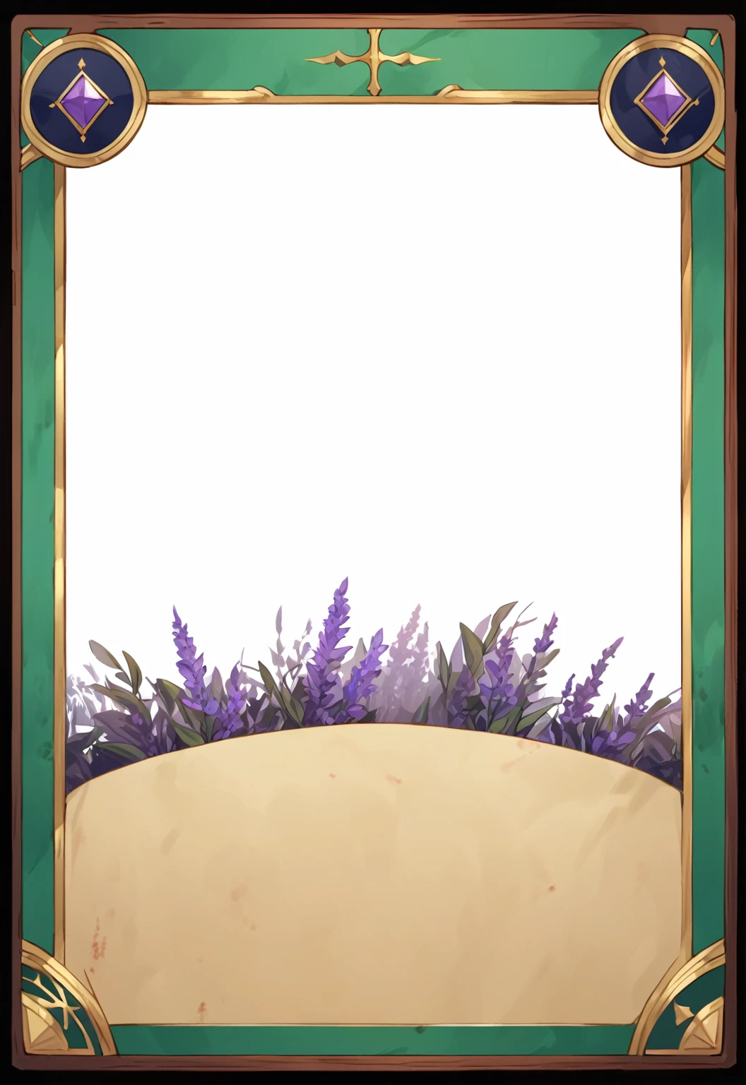 A card border UI,Medieval European aristocracy design,Noble and elegant dark style,There is a lavender ribbon in the middle,Redwood frame,Parchment backing,There are blood stains on it。Deep Red、Emerald Green、Gold main tone。