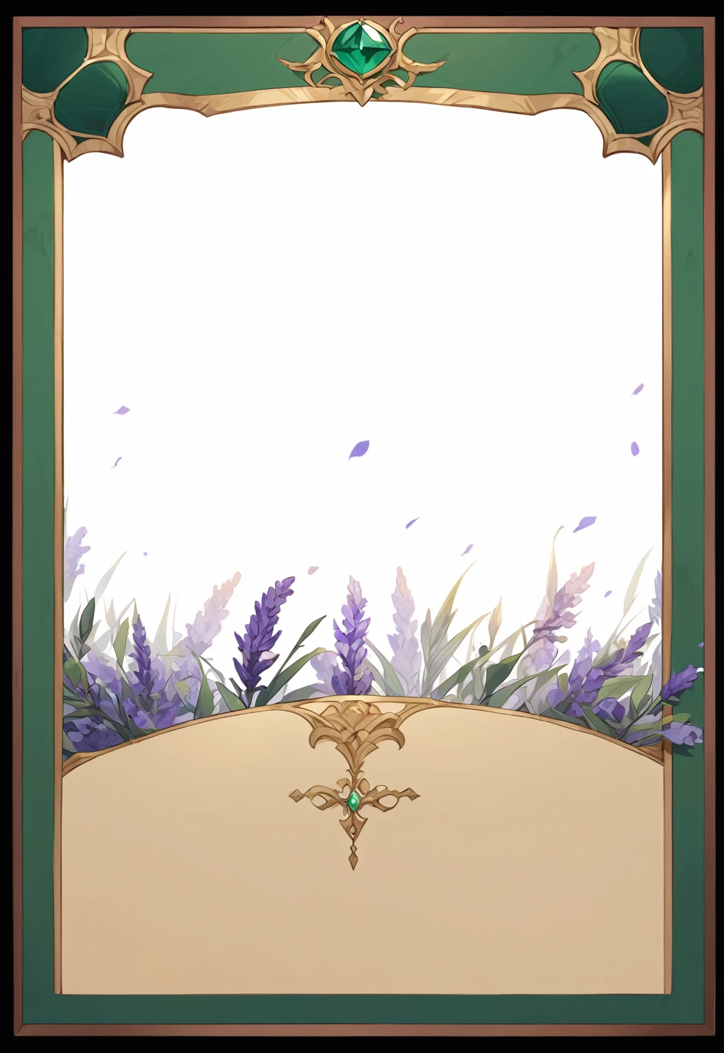 A card border UI,Medieval European aristocracy design,Noble and elegant dark style,There is a lavender ribbon in the middle,Redwood frame,Parchment backing,There are blood stains on it。Deep Red、Emerald Green、Gold main tone。