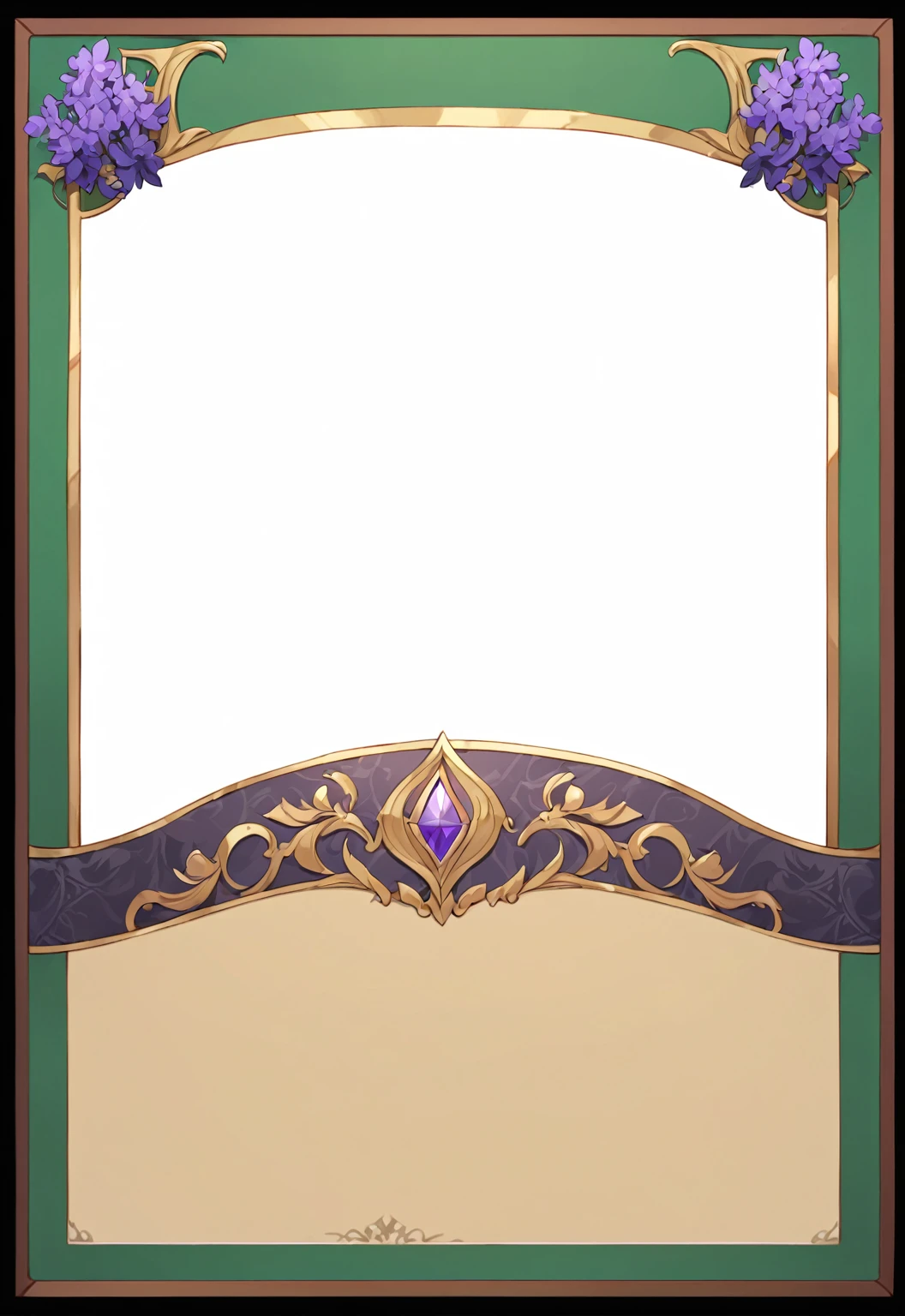 A card border UI，Medieval European aristocracy design，Noble and elegant dark style，There is a lavender ribbon in the middle，Redwood frame，Parchment backing，There are blood stains on it。Deep Red、Emerald Green、Gold main tone。