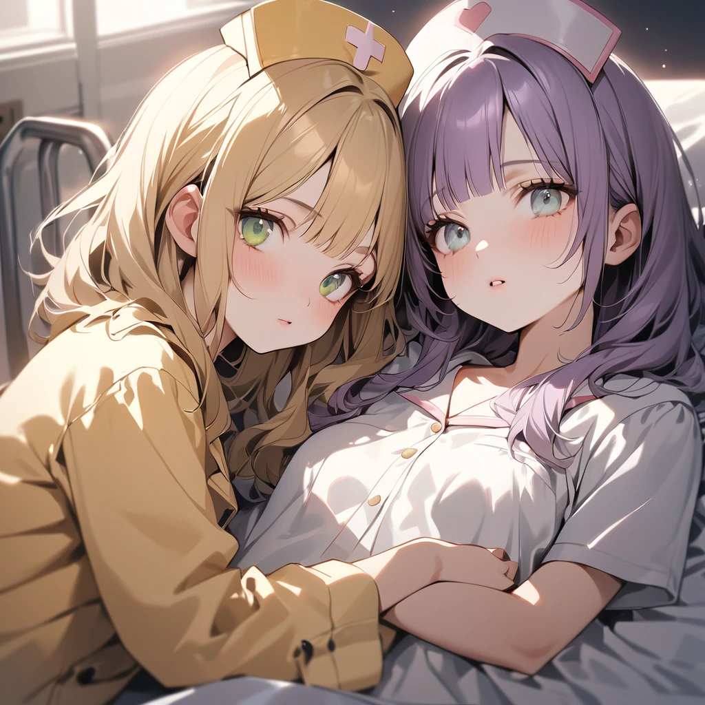 (Cute 2 girls:1.5), (masterpiece:1.3), anime visual, (one Girl lying in hospital bed, pale purple hair, blunt bangs, green eyes,pajamas,:1.3 ), (other girl: Nurse hat with yellow cat ears, yellow nurse uniform, short blonde hair, golden eyes, holding a large syringe:1.3),(Lovey-dovey:1.5), (tilt head:1.3), extremely delicate face, soft clean focus, realistic lighting and shading, (an extremely delicate and beautiful art:1.3), elegant, (muted colors:1.1),