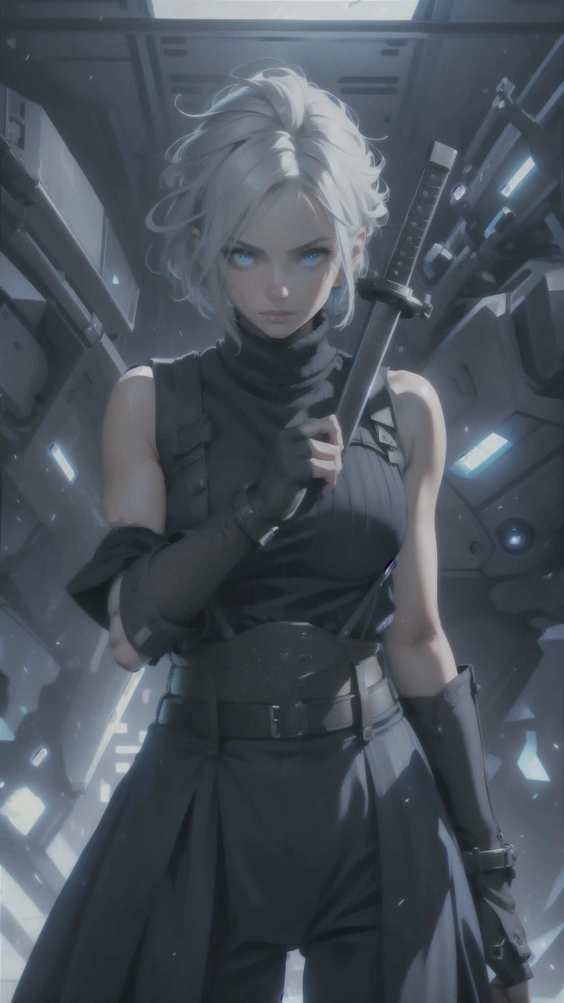 (masterpiece, best quality:1.2), expressive eyes, perfect face, highres, 1 girl, solo, (female:1.5), strife, short hair, shoulder armor, sleeveless turtleneck, suspenders, belt, gloves, bracer, standing, portrait, looking at viewer, White hair, Blue glowing eyes, holding a giant katana,