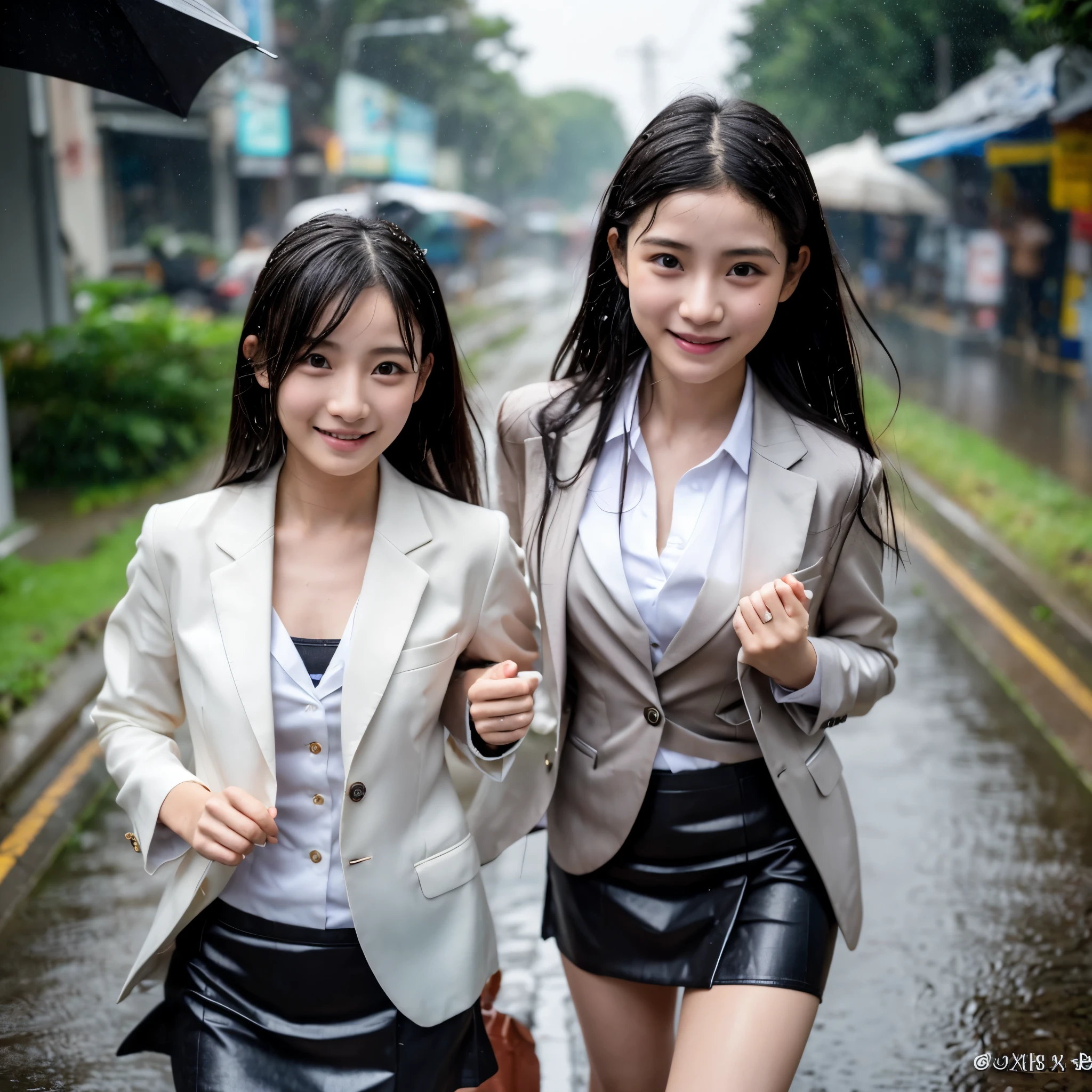 songkran,Wet roads , soaked through,drenched, Dripping, Wet Face,Wet clothes, Wet Skin, Wet Hair,A young woman with a cute face like an idol,chest,(((chestの谷間))),((business suit)),mini skirt,cling,RAW Photos,Genuine,Genuine,High resolution,RAW Photos,masterpiece, Genuineistic, beautiful