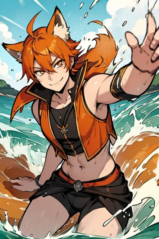 An orange haired fox man with orange eyes and orange fox ears and an orange fox tail in a pirate's outfit is splashing in the waves with a big smile