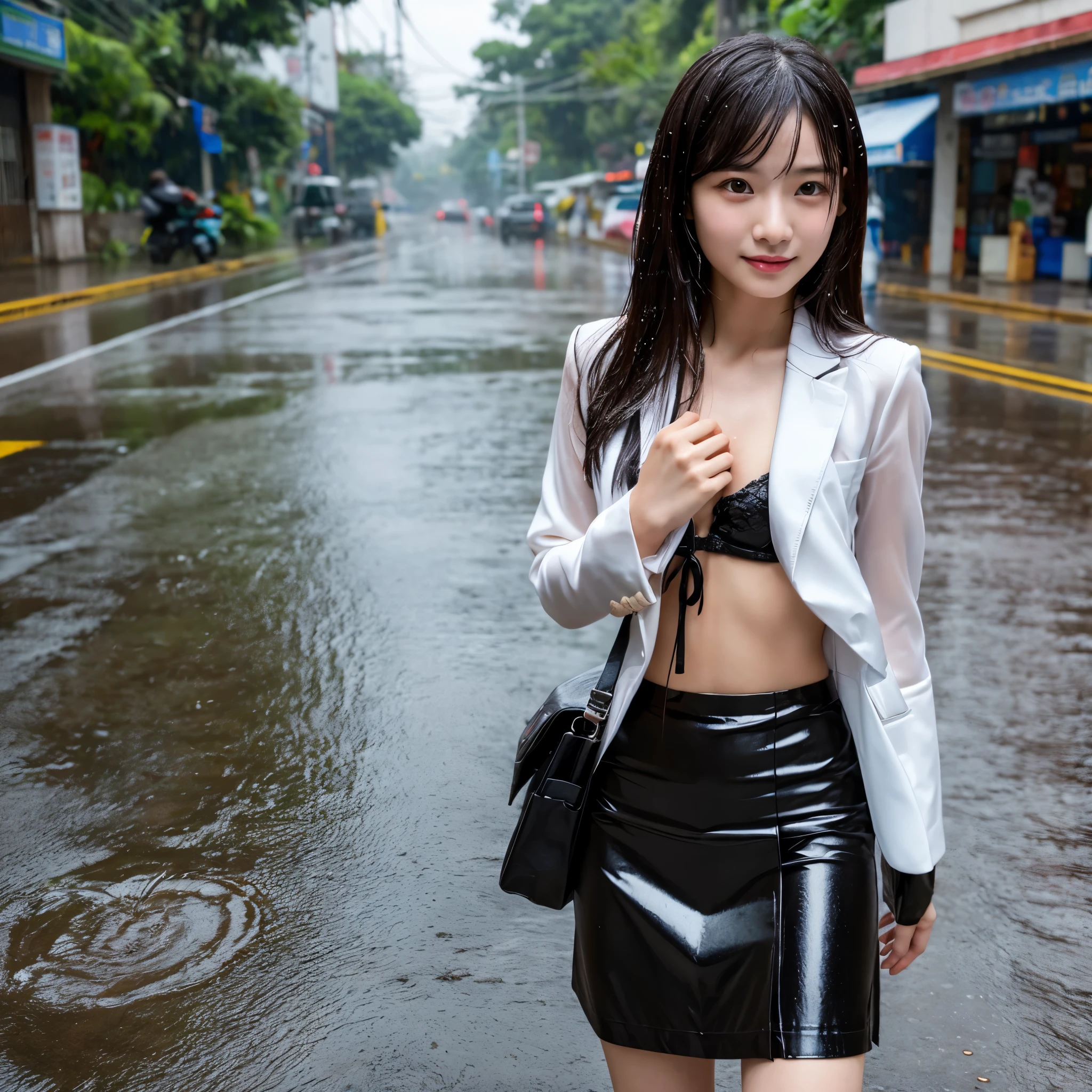 songkran,Wet roads , soaked through,drenched, Dripping, Wet Face,Wet clothes, Wet Skin, Wet Hair,A young woman with a cute face like an idol,chest,(((chestの谷間))),((business suit)),mini skirt,cling,RAW Photos,Genuine,Genuine,High resolution,RAW Photos,masterpiece, Genuineistic, beautiful