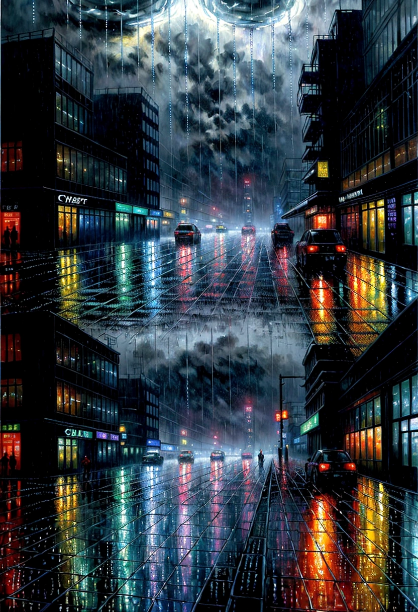 cyber punk, Rainy city at night、Close-up、Many raindrops in a puddle、Neon Reflection、scenery, oil painting, William Turner style
