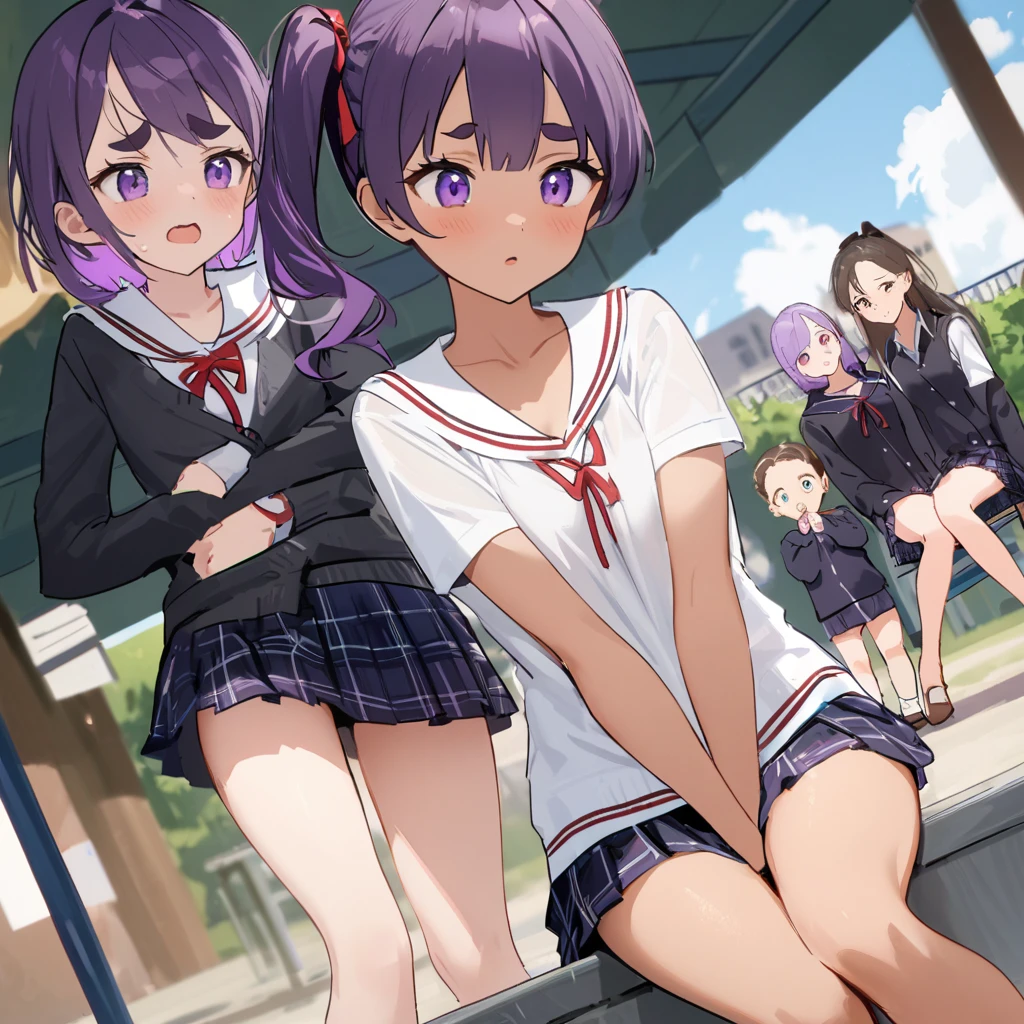 work of art, best qualityer, extremely detaild,dutch angle, アニメ,Suéter schoolyardr grande、plaid plaid skirt,skin tanned,15year old ,dark skin tiny body,smallbreast,baby face,hand between legs,break,multicolored dark purple hair,side ponytail,short hair with long highlights,break,Eyes red,thick eyebrow,unexpressive,Detailed lips,False eyelashes,break,red cotton ribbon,break,break,microskirt,break,schoolyard