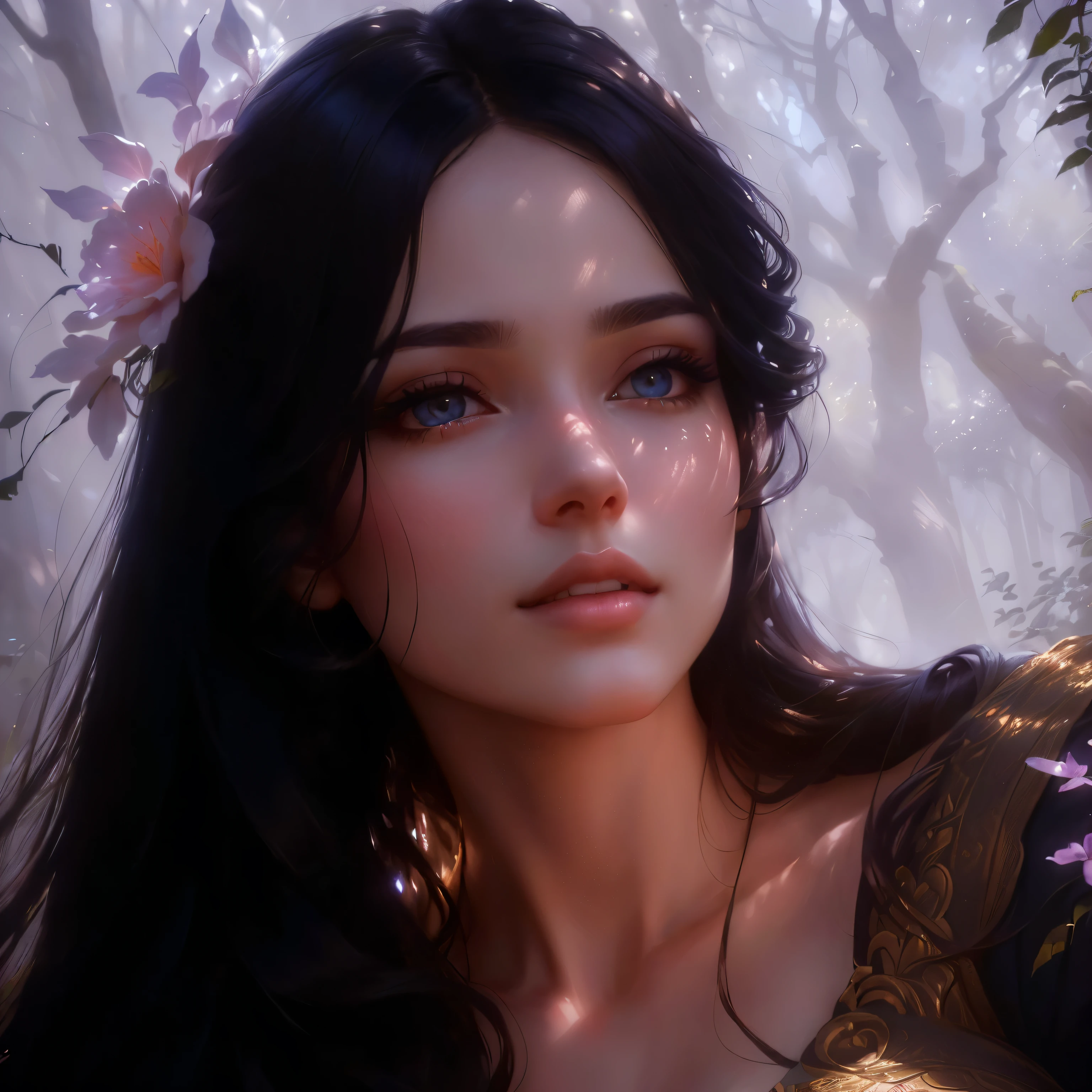 A woman with long hair, beautiful detailed eyes, beautiful detailed lips, extremely detailed face and features, flowing dress, standing outdoors in a lush garden, sunlight filtering through the trees, vibrant colors, cinematic lighting, award-winning digital art, highly detailed, photorealistic, 8k, best quality