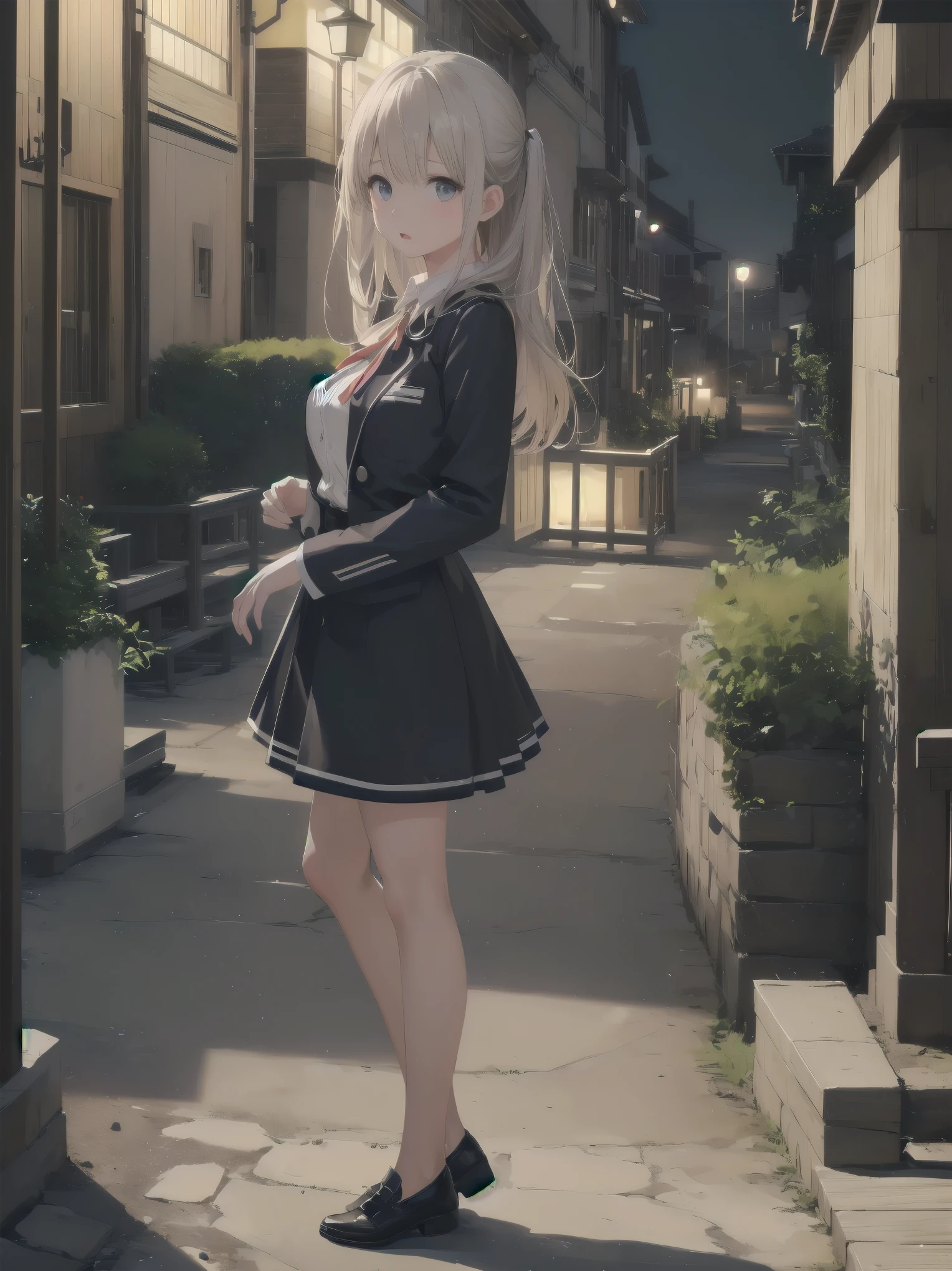 Masterpiece、high quality、high resolution、Dynamic Angle、Dynamic Pose、One girl、solo、uniform, Surprised expression, Standing in the park, At night,Half-body photo, Super detailed, Ultra HD、cute、A shy and shy pose、Capture your subjects at their best with photogravure settings