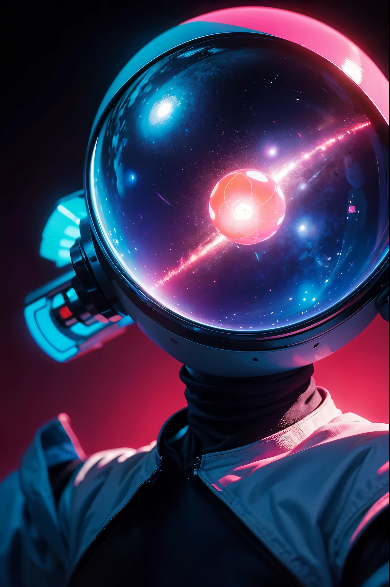 An astronaut holding a planet,close up,Glowing fluorescent feeling,Transparency,dream,Monet's color scheme,by James Turrell James Turrell,Texture Matte,high quality,High Definition,Rose red,blue,Neon light,black background,
