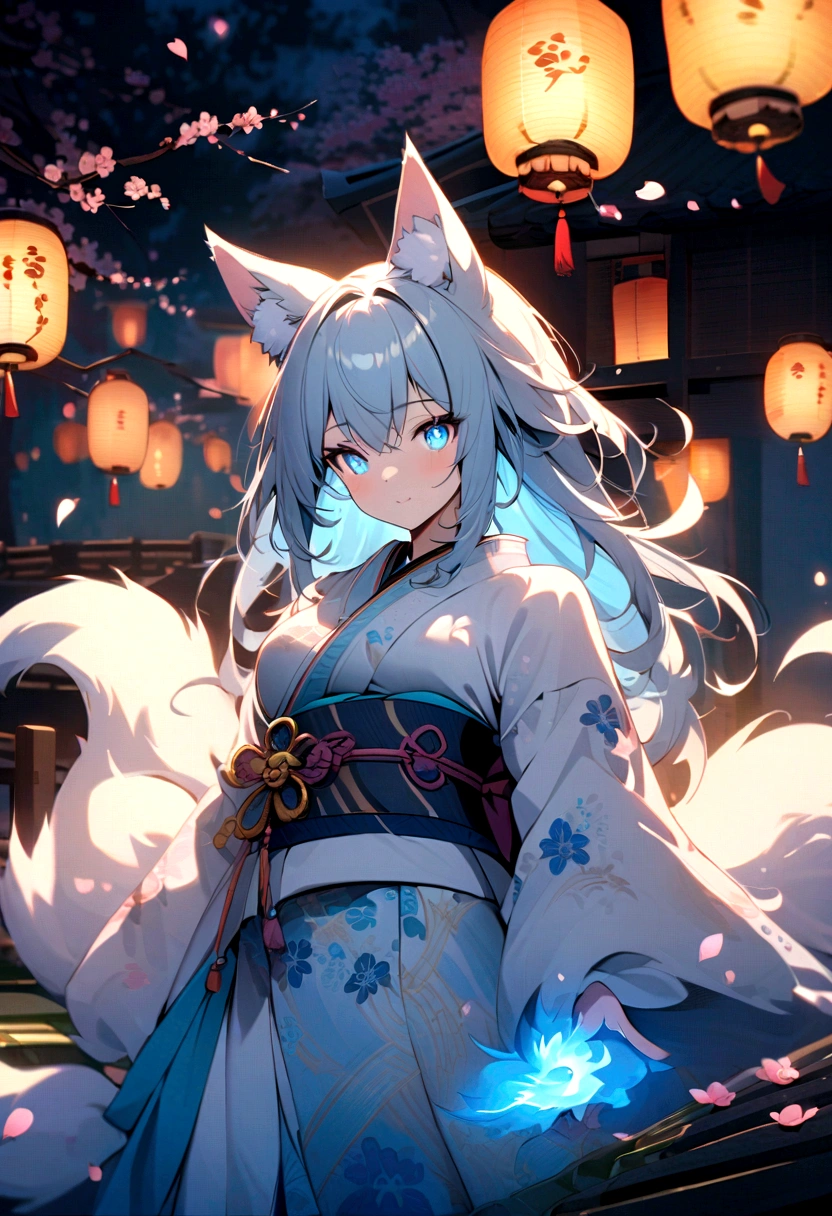 fox Light blue hair 　beast girl　indigo fur　fox beast girl　Wallpaper 4k,8k,highly detailled,,vivid colors,detailed kitsune with 9 tails,traditional Japanese artwork,tatami floor,beautiful cherry blossoms,floating lanterns,dark silhouette of a pagoda,subtle moonlight,dense forest,ethereal atmosphere,dappled sunlight,whimsical spirit,serene expression,elaborate kimono and obi,delicate hand-painted details,luminous eyes　Anime Style　fox　blue　White-faced golden-haired nine-tailed fox　Coat blue　　　mysterious background　Blue Flame　girl　have a ball of light 