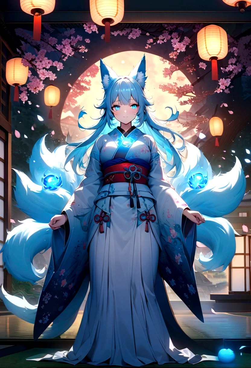fox Light blue hair beast girl indigo fur fox beast girl Wallpaper 4k,8k,highly detailled,,vivid colors,detailed kitsune with 9 tails,traditional Japanese artwork,tatami floor,beautiful cherry blossoms,floating lanterns,dark silhouette of a pagoda,subtle moonlight,dense forest,ethereal atmosphere,dappled sunlight,whimsical spirit,serene expression,elaborate kimono and obi,delicate hand-painted details,luminous eyes Anime Style fox blue White-faced golden-haired nine-tailed fox Coat blue mysterious background Blue Flame girl have a ball of light