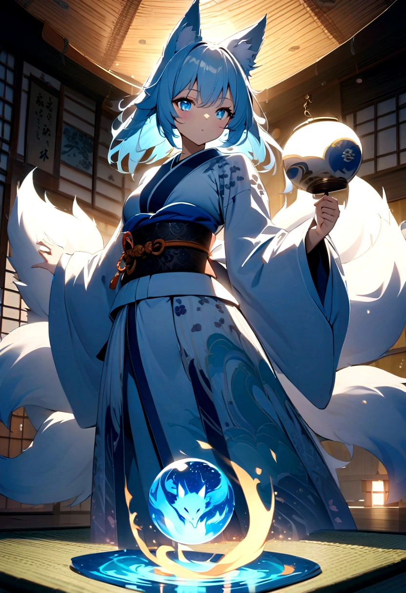 fox Light blue hair beast girl indigo fur fox beast girl Wallpaper 4k,8k,highly detailled,,vivid colors,detailed kitsune with 9 tails,traditional Japanese artwork,tatami floor,beautiful cherry blossoms,floating lanterns,dark silhouette of a pagoda,subtle moonlight,dense forest,ethereal atmosphere,dappled sunlight,whimsical spirit,serene expression,elaborate kimono and obi,delicate hand-painted details,luminous eyes Anime Style fox blue White-faced golden-haired nine-tailed fox Coat blue mysterious background Blue Flame girl have a ball of light