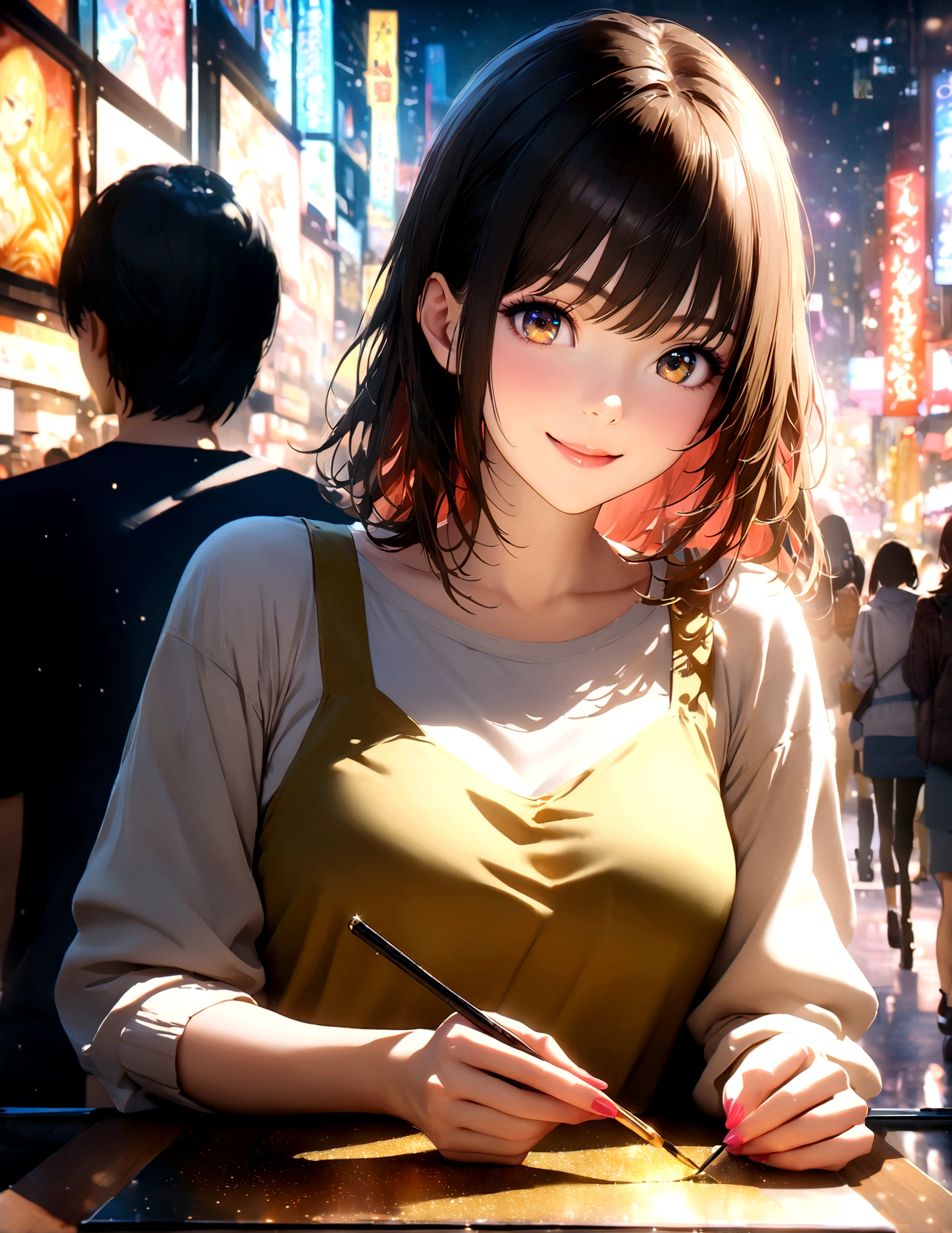 Shinjuku, Cute casual clothes,On a date,Blur the background,high school girl,Shortcuts,smile,Glitter effect,Highest quality, 4K, 8K, High resolution, masterpiece:1.2, Very detailed, Realistic:1.37, High resolution, 超High resolution, Ultra-fine painting, Sharp focus, Physically Based Rendering, Very detailedな説明, Professional, Vibrant colors