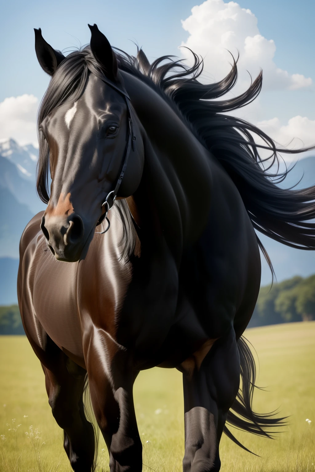 Photo of a majestic black stallion, raw, (Extra long mane shining in the sun), powerful physique, wild and untamed, ((Portrait)), ((Detailed face:1.2)), ((detailed equine features)), (glossy black coat with white stripes), muscular, (in an open field), (mane flowing in the wind), (breathtaking landscape in the background), Reflectors, (masutepiece) (perfect anatomy)(photos realistic)(Best Quality) (Detailed) photographed in a Canon EOS-1D X Mark III, 70-200mm Lens, F/2.8,
