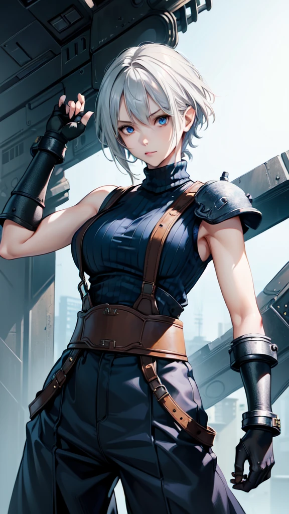 (masterpiece, best quality:1.2), expressive eyes, perfect face, highres, 1 girl, solo, (female:1.5), strife, short hair, shoulder armor, sleeveless turtleneck, suspenders, belt, gloves, bracer, standing, portrait, looking at viewer, White hair, Blue glowing eyes, holding a giant katana,