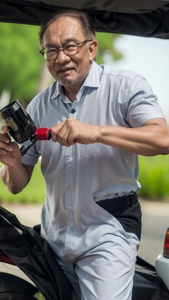 an old man fills diesel fuel in a 4x4 car