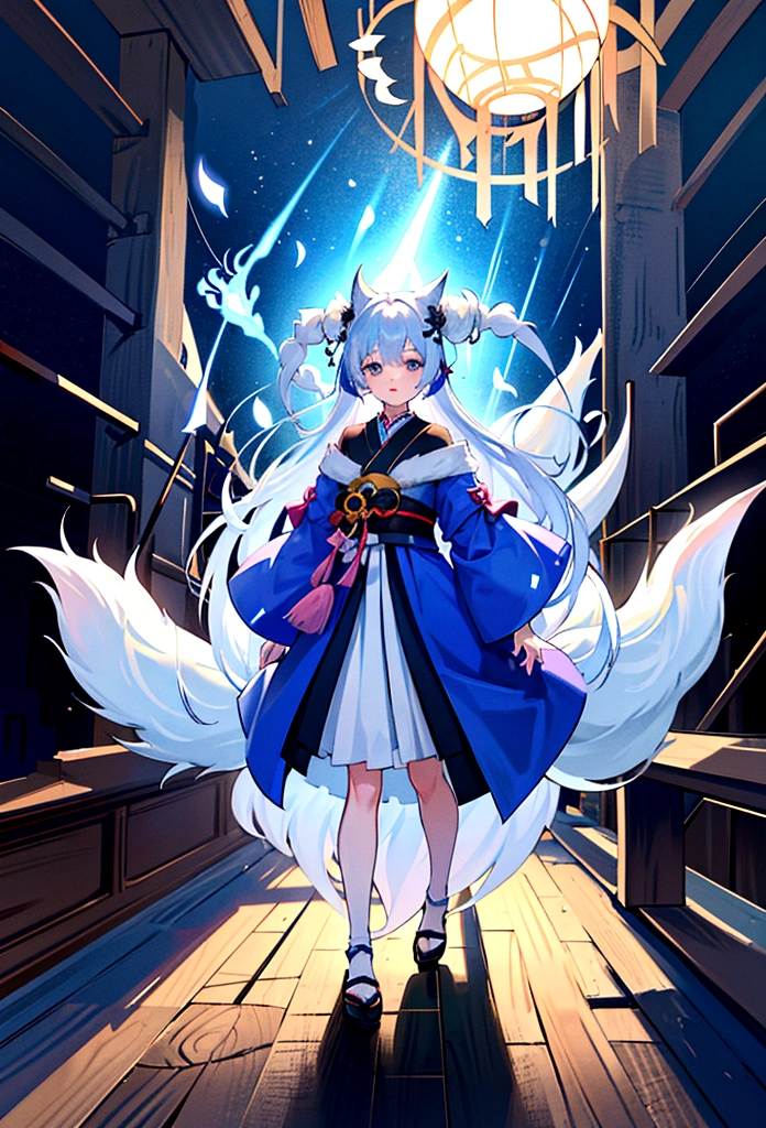 fox Light blue hair 　beast girl　indigo fur　fox beast girl　Wallpaper 4k,8k,highly detailled,,vivid colors,detailed kitsune with 9 tails,traditional Japanese artwork,tatami floor,beautiful cherry blossoms,floating lanterns,dark silhouette of a pagoda,subtle moonlight,dense forest,ethereal atmosphere,dappled sunlight,whimsical spirit,serene expression,elaborate kimono and obi,delicate hand-painted details,luminous eyes　Anime Style　fox　blue　White-faced golden-haired nine-tailed fox　Coat blue　　　mysterious background　Blue Flame　girl　have a ball of light 
