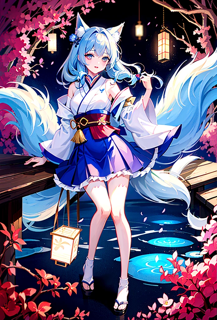 fox Light blue hair beast girl indigo fur fox beast girl Wallpaper 4k,8k,highly detailled,,vivid colors,detailed kitsune with 9 tails,traditional Japanese artwork,tatami floor,beautiful cherry blossoms,floating lanterns,dark silhouette of a pagoda,subtle moonlight,dense forest,ethereal atmosphere,dappled sunlight,whimsical spirit,serene expression,elaborate kimono and obi,delicate hand-painted details,luminous eyes Anime Style fox blue White-faced golden-haired nine-tailed fox Coat blue mysterious background Blue Flame girl have a ball of light