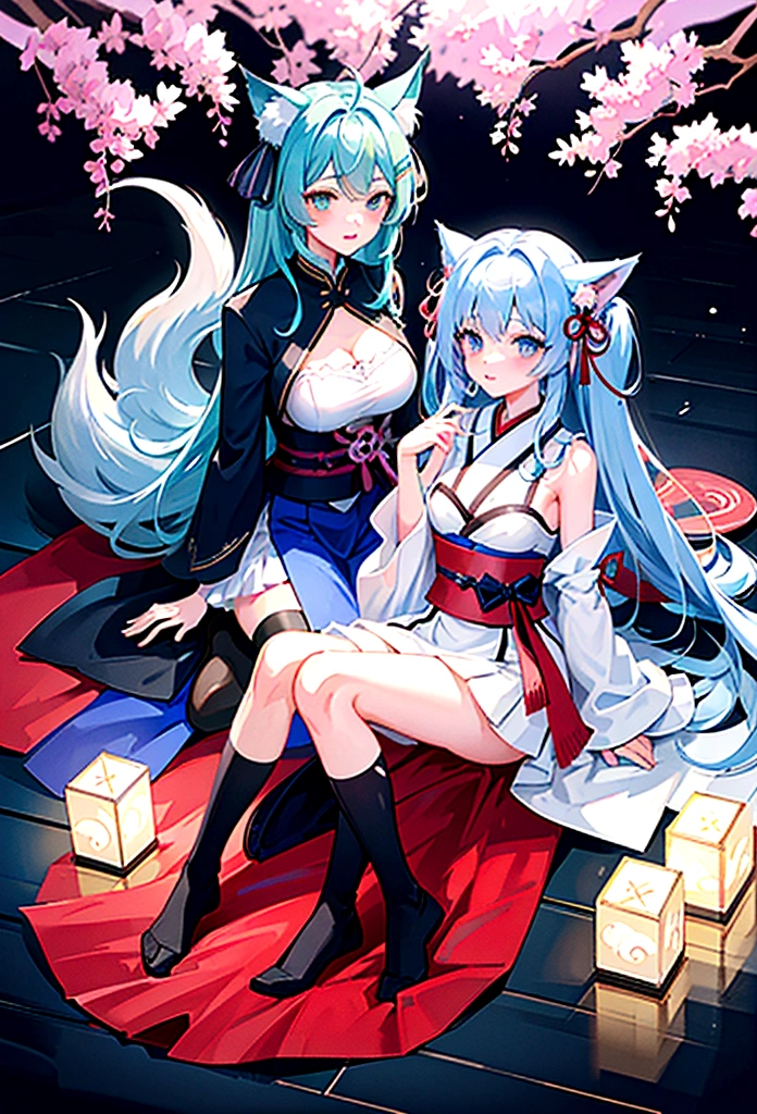 16K resolution, Anthropomorphic red fox,, Sakura Red Hair, bright red eyes,淡い赤色のChinese styleの衣装を着る，;White Tiger Anthropomorphic，woman，Wearing white Han Chinese clothing，white colored hair，Gorgeous blue-violet eyes；Wolf personification，woman，black hair，black eye，Wear black hanbok；Lantern Festival Background，threesome（stand up，sitting pose，lying down position），Chinese style。