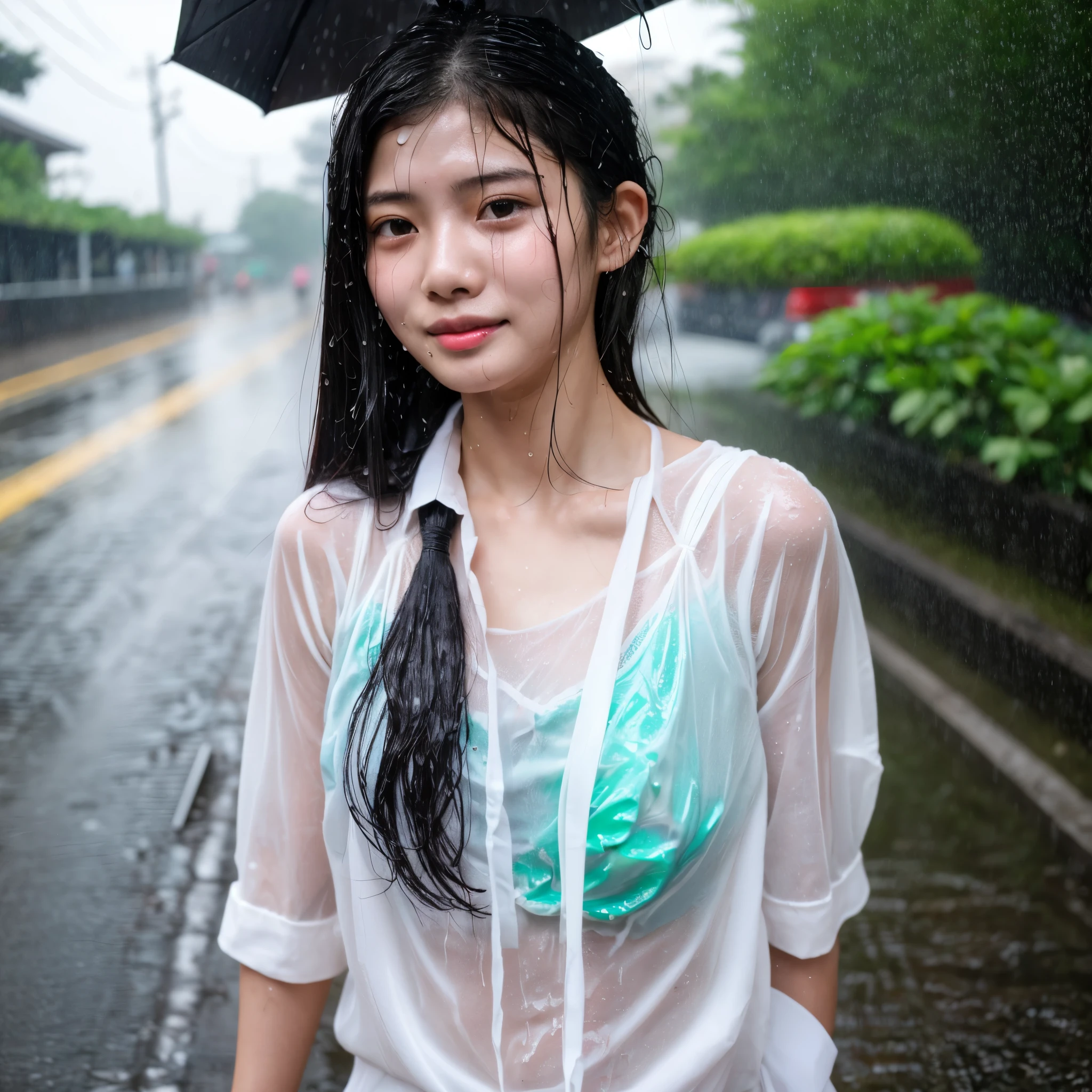 songkran,Wet roads , soaked through,drenched, Dripping, Wet Face,Wet clothes, Wet Skin, Wet Hair,A young woman with a cute face like an idol,chest,(chestの谷間),(White blouse),cling,RAW Photos,Genuine,Genuine,High resolution,RAW Photos,masterpiece, Genuineistic, beautiful