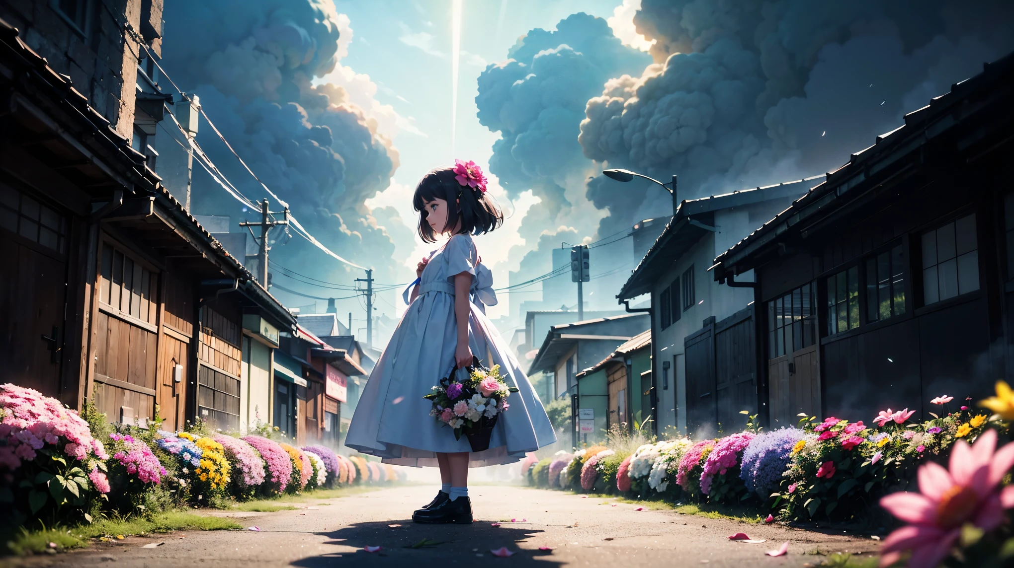 A vibrant flower blooms on the dirty ground of a large gray avenue. A crowd of gray, soulless people crosses the streets. A colorful , glowing with bright hues, stands protectively over the flower, protecting it with her little hands and determined eyes. Sunlight breaks through the dark clouds. Studio Ghibli style