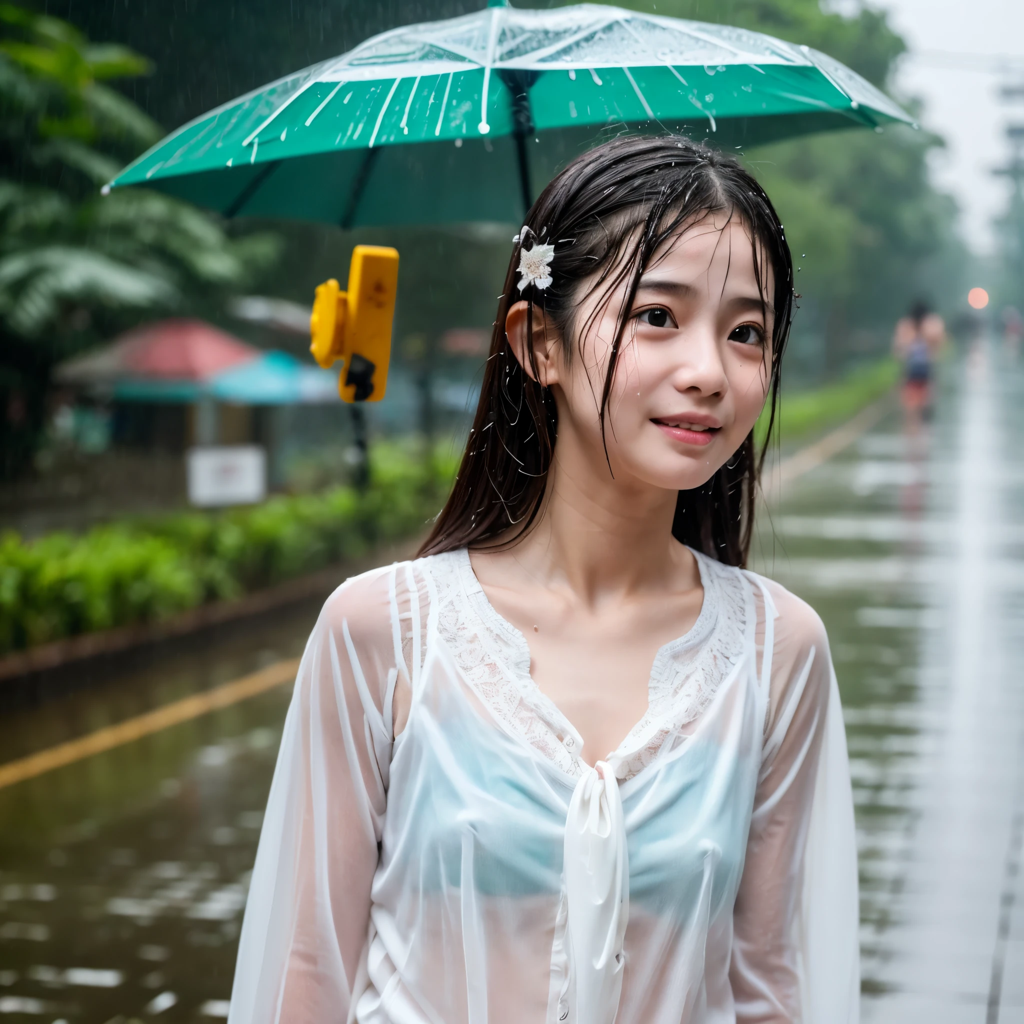 songkran,Wet roads , soaked through,drenched, Dripping, Wet Face,Wet clothes, Wet Skin, Wet Hair,A young woman with a cute face like an idol,chest,(chestの谷間),(White blouse),cling,RAW Photos,Genuine,Genuine,High resolution,RAW Photos,masterpiece, Genuineistic, beautiful