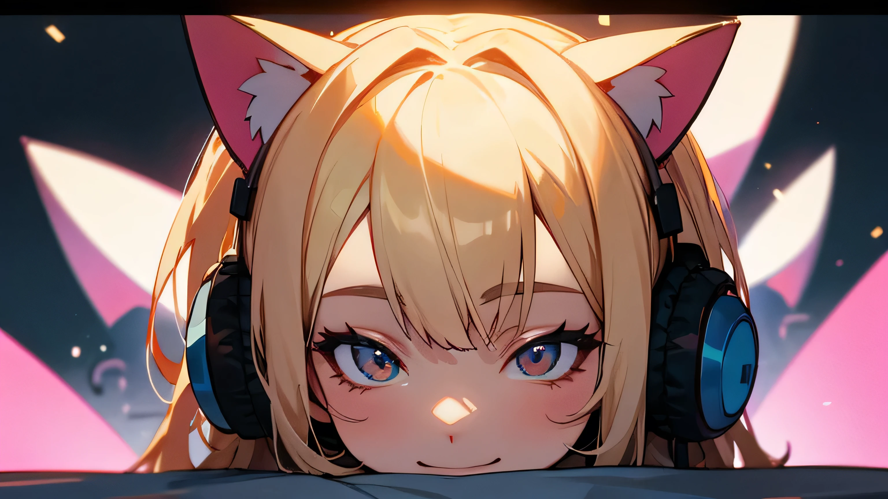 Room with speakers、Cat with headphones、Face close-up、night、Blonde、smile、diagonal