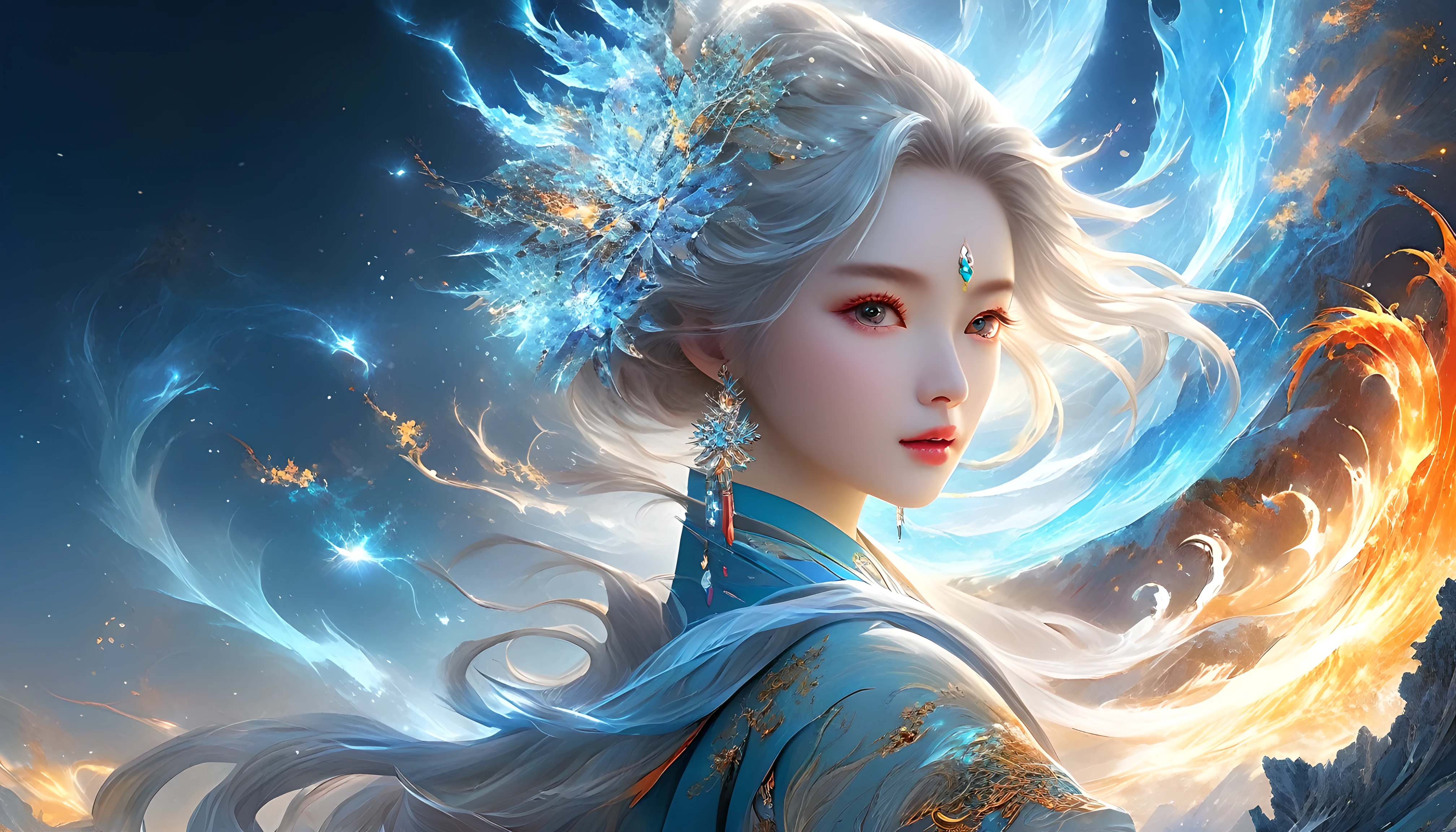 (masterpiece, Top quality, best quality, official Art, beautiful and aesthetic:1.2), (1 Girl:1.2), Lovely, Extremely detailed, (Abstract:1.4, fractal Art:1.3), (silver_hair:1.1), destiny \(series\), rich and colorful, The most detailed, fire, ice, lightning, (splash_Art:1.2), Jewelry:1.4, Hanfu, , landscape, ink