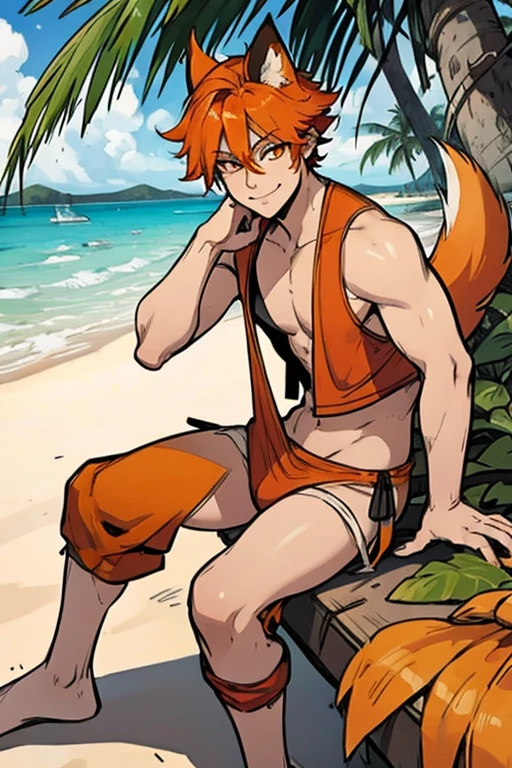 An orange haired fox man with orange eyes and orange fox ears and an orange fox tail in a pirate's outfit is smiling while leaning forward on a tropical beach