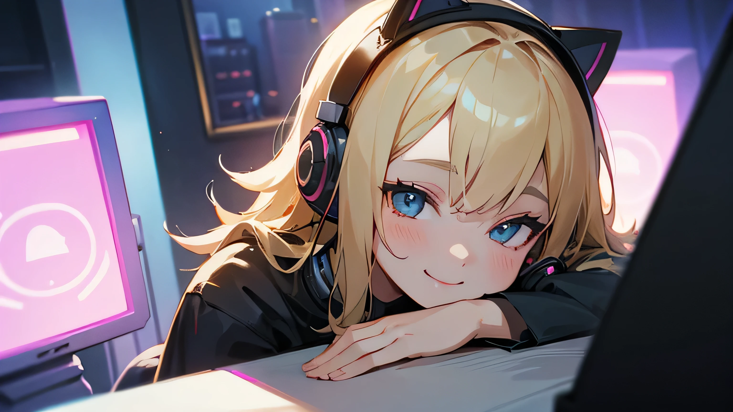 Room with speakers、Cat with headphones、Face close-up、night、Blonde、smile、diagonal