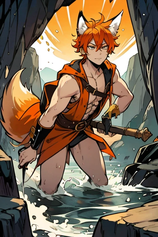 An orange haired fox man with orange eyes and orange fox ears and an orange fox tail in a pirate's outfit is  exploring a sea cave