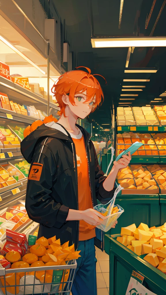 Man with orange hair at a supermarket checkout