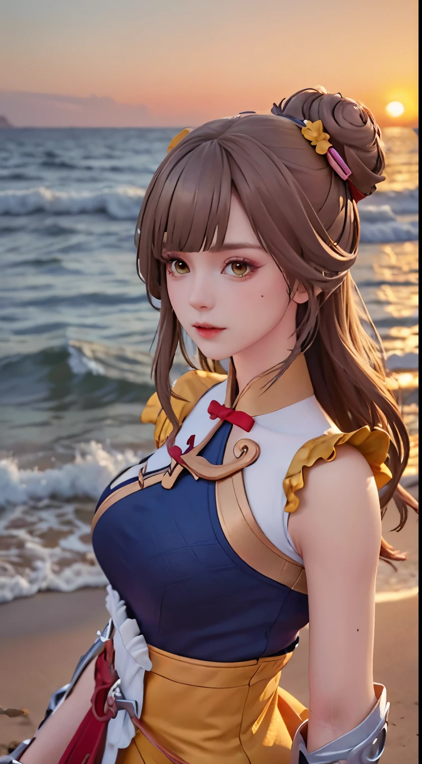 1girl, beach, detailed facial features, beautiful girl, golden hour lighting, intricate details, glowing skin, windblown hair, ocean waves, sandy beach, sunset colors, vibrant colors, dramatic lighting, photorealistic, cinematic, highly detailed, masterpiece, (best quality,4k,8k,highres,masterpiece:1.2),ultra-detailed,(realistic,photorealistic,photo-realistic:1.37)