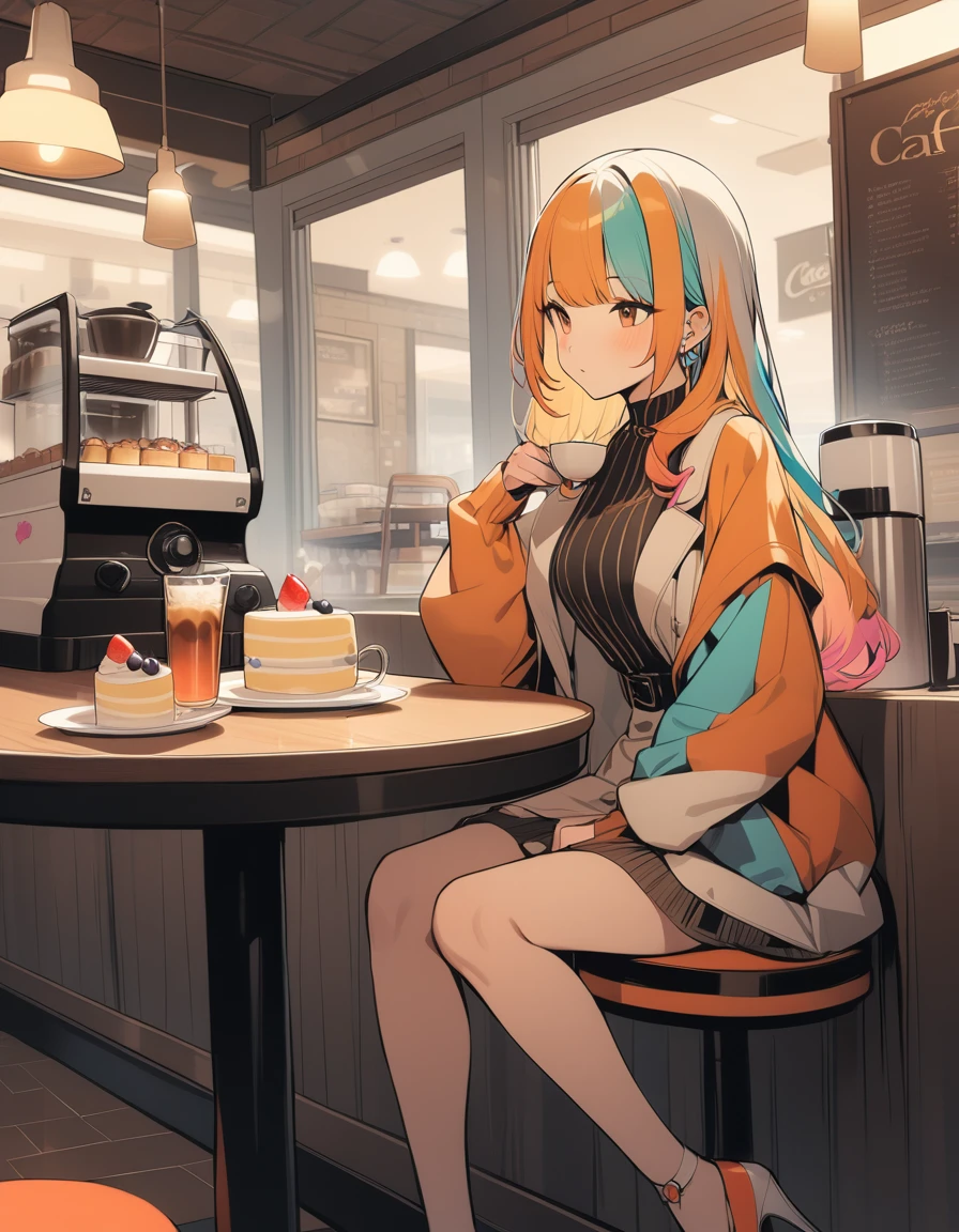One girl,Drink coffee, Multicolored Hair, Shoulder-length hair, Retro costumes, High heels, Sideways glance, Sitting, Hyper Pop, Cafe,cake、 Retro feel, overview, masterpiece, Highest quality,