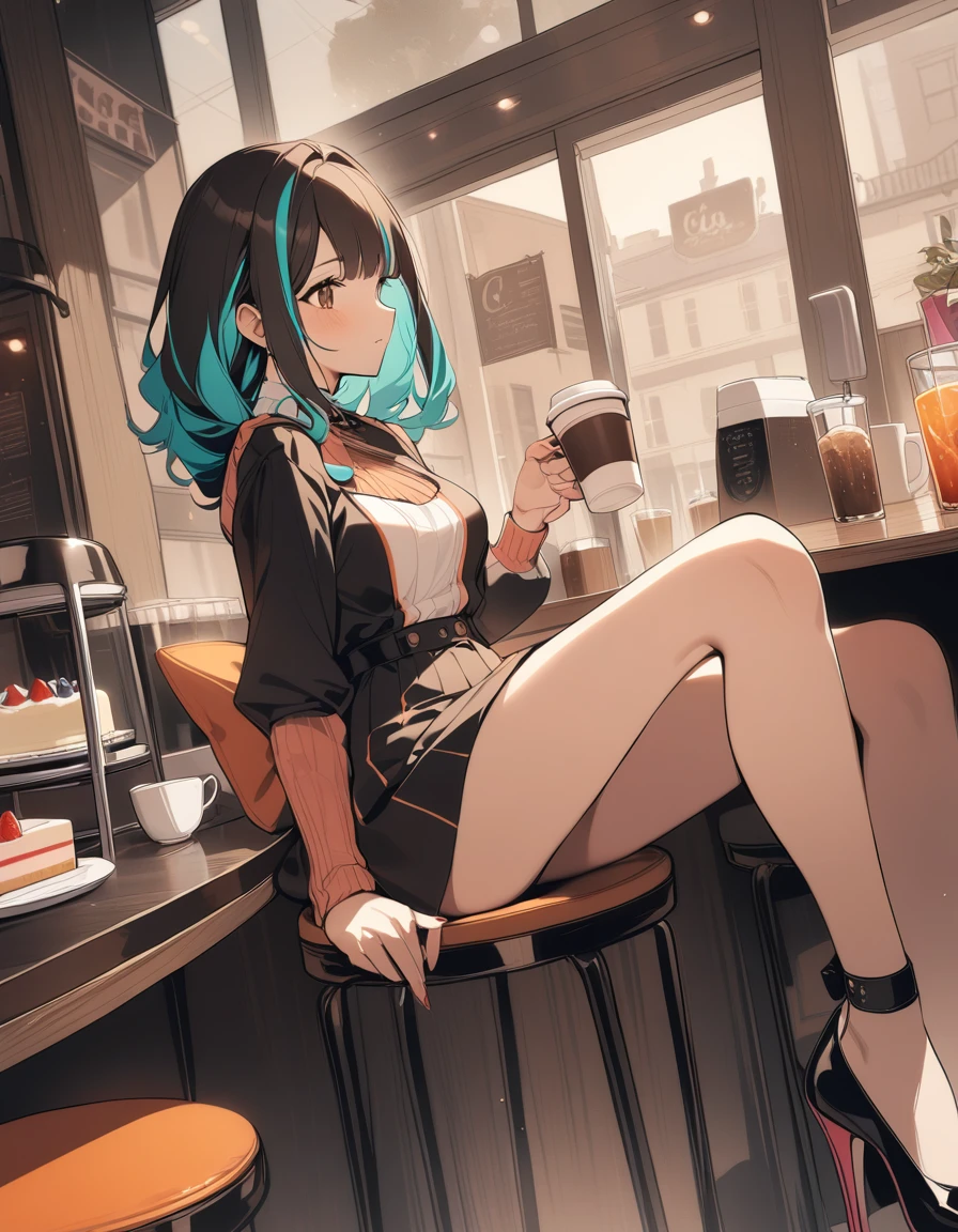 1girl, solo,straight-on, looking at viewer, cafe, cowboy shot, sitting,