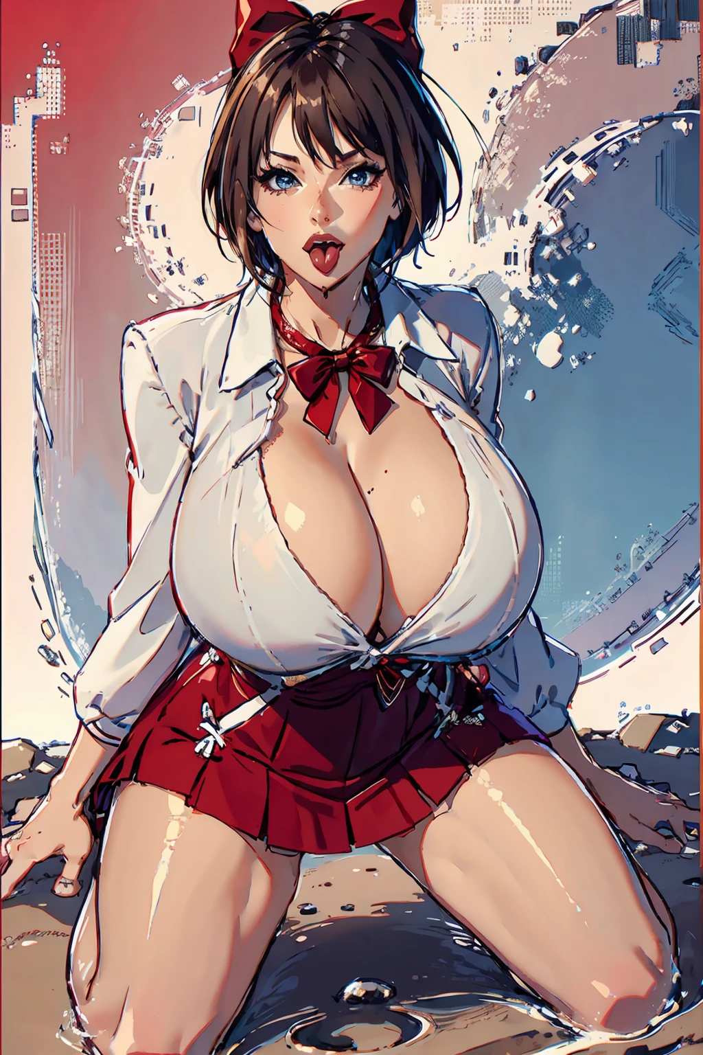 a girl, sexy, with a bow around her neck, short brown hair, kneeling, top-down view, huge breasts, tongue visible, sticking out her tongue, red bow around her neck, tongue visible, [sexy], [short hair], [kneeling], [top-down view], [huge breasts], [tongue visible], [sticking out tongue], [red bow]