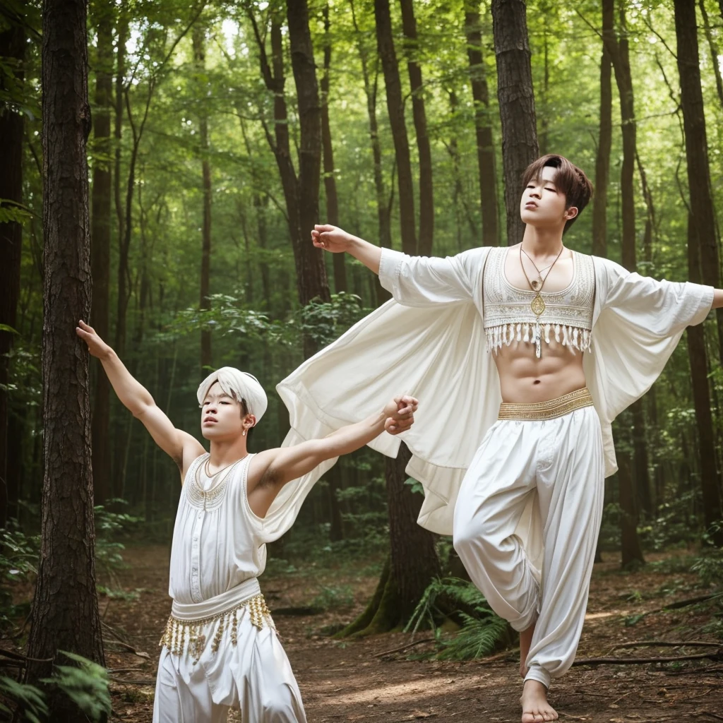 Park Jimin in a gypsy boy dancing in the forest, with whitish skin, and light white clothing on his body.